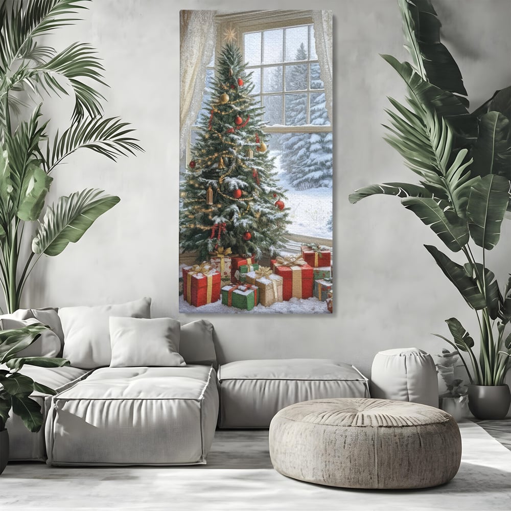 Tablou canvas cu tablou canvas cu brad de craciun si cadouri, fara rama, pe sasiu de lemn, pe perete intr-un living